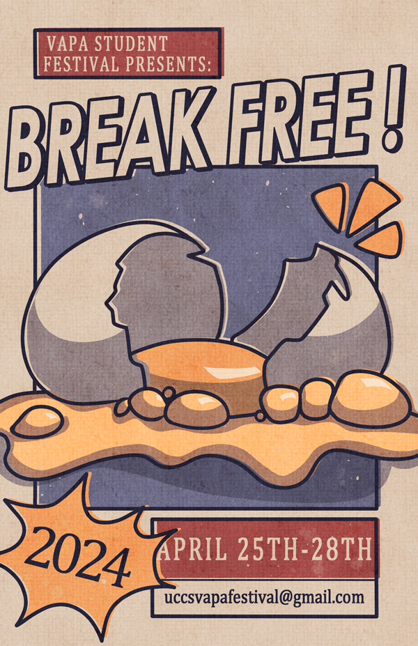 Festival poster resembling a newspaper cartoon with illustrated broken egg with yolk flowing out. Title "Break Free" in outlined capital letters with text details of event.