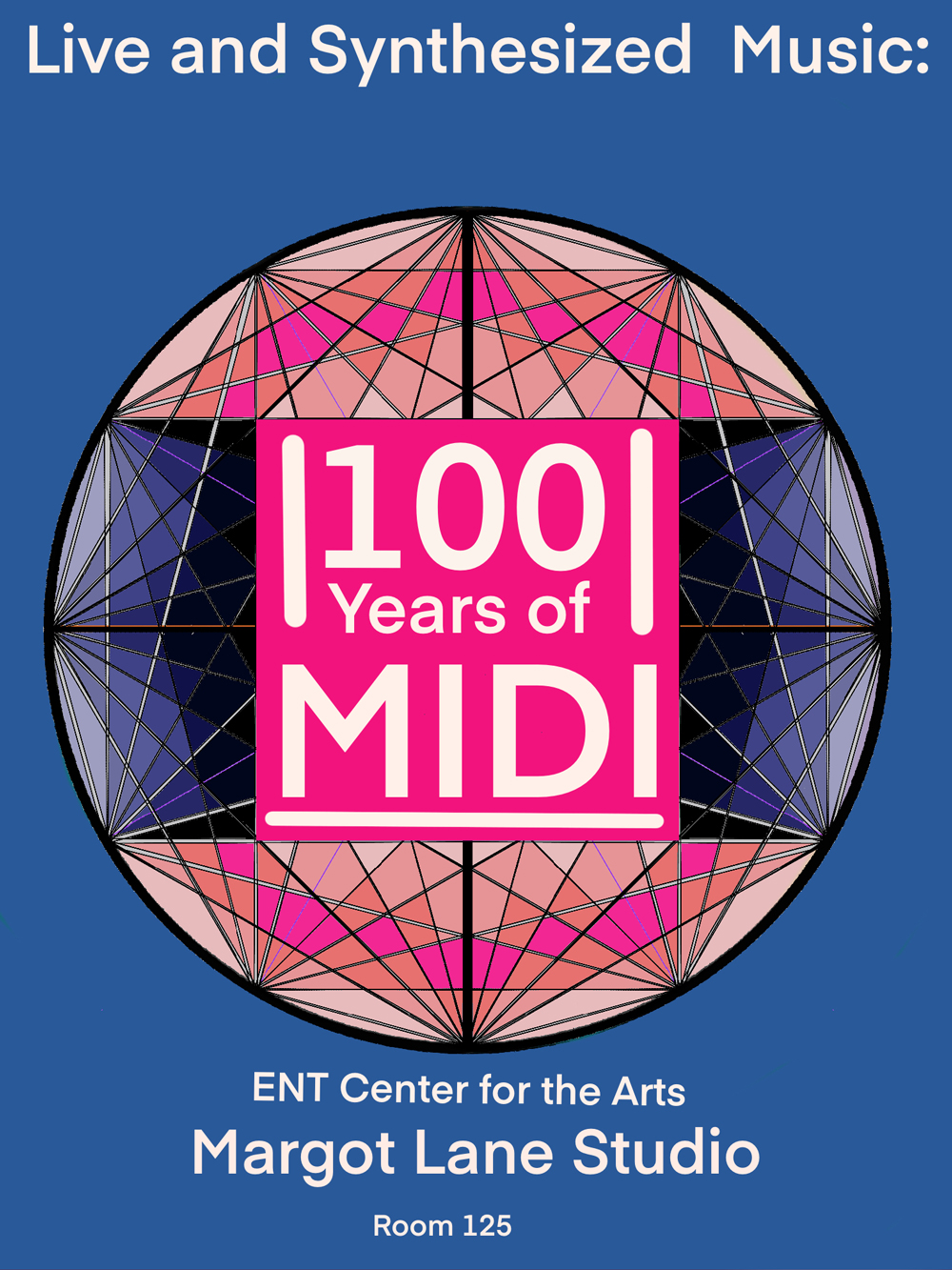 stylized geometric graphic on blue background with "100 years of midi" text centered