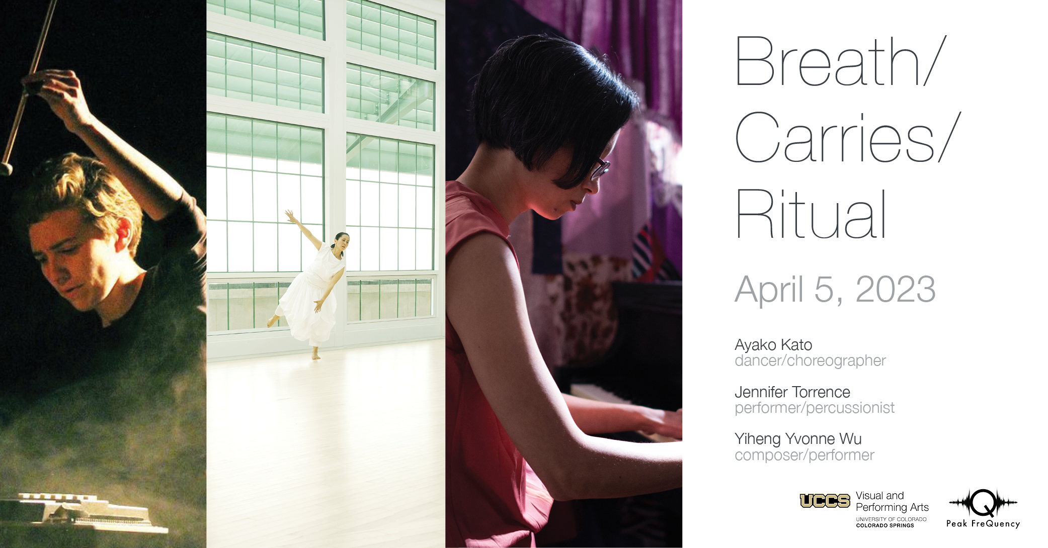 Triptych of Jennifer Torrence performing on drums, Ayako Kato dancing, and Yiheng Yvonne Wu on piano with text details of event