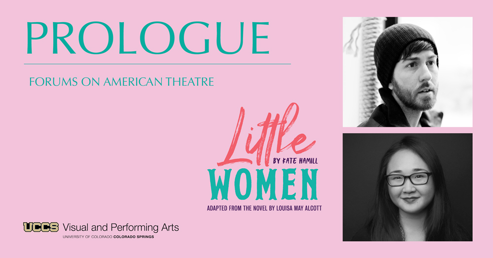 prologue event details with little women wordmark with headshots of guests Andrea Zee and Json Styres