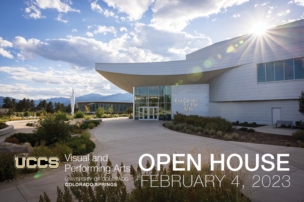 picture ent center for the arts entrance with pikes peak in background and text details of event