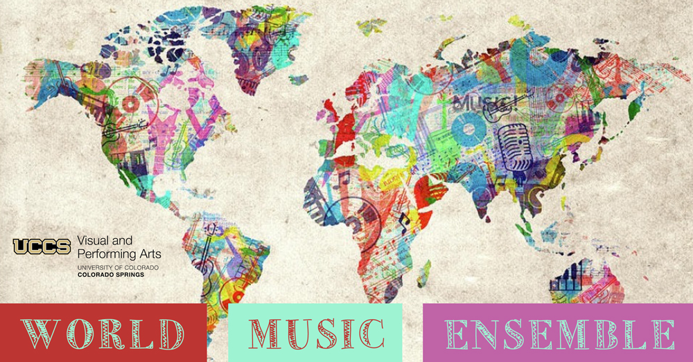 map of the world with musical designs overlaid on the continents
