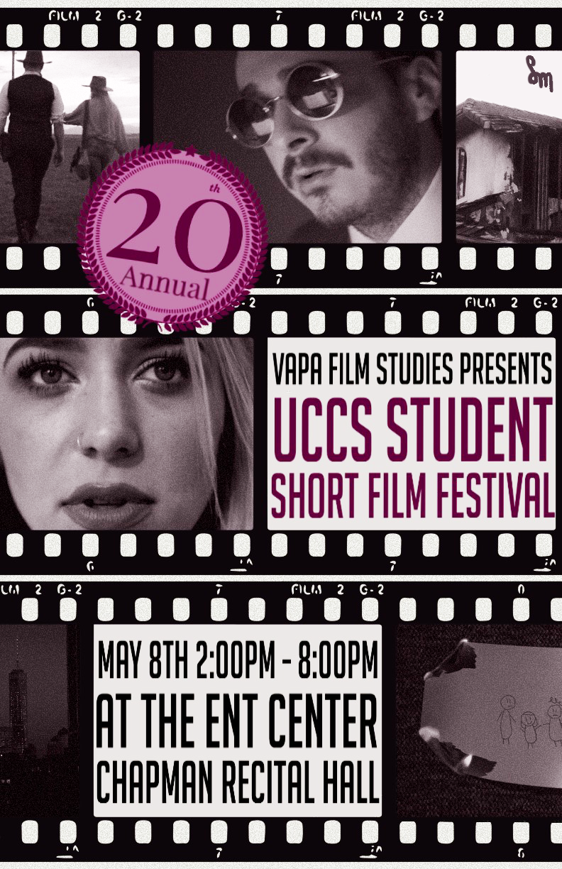 poster for film festival with film strips, text, and images of film stills