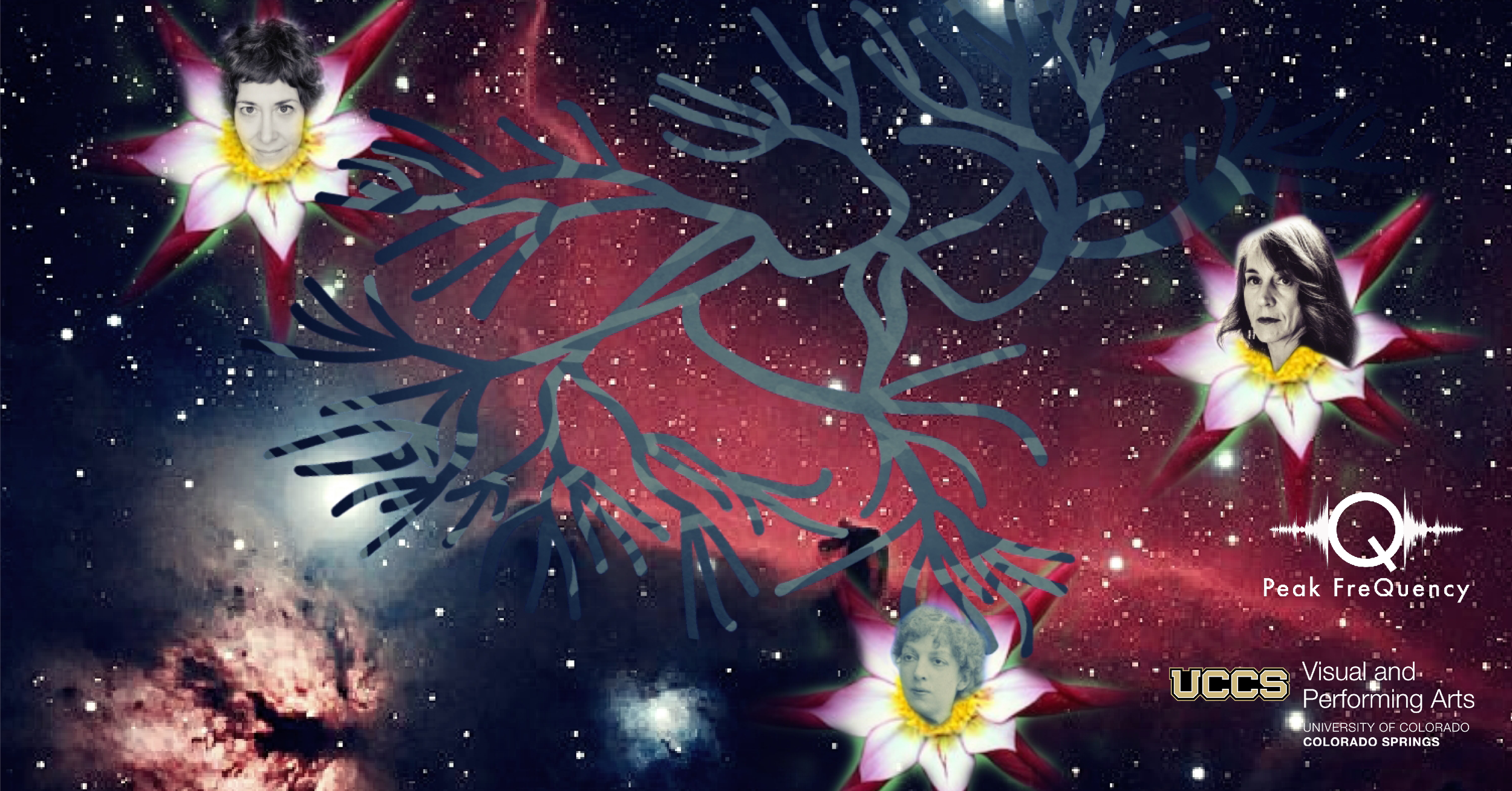 picture of space with faces of jane rigler and tessa brinckman floating in flowers