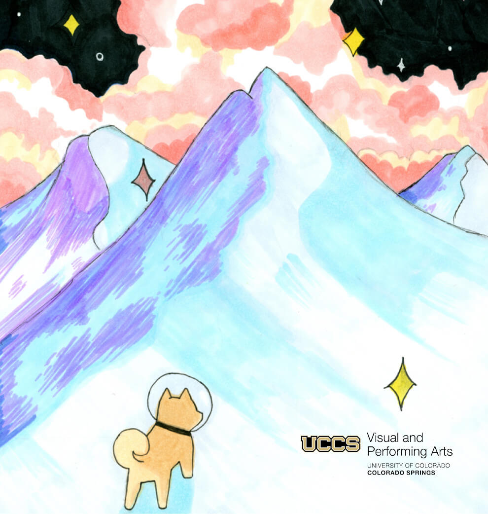 art of a dog wearing a space helmet at the base of a mountain