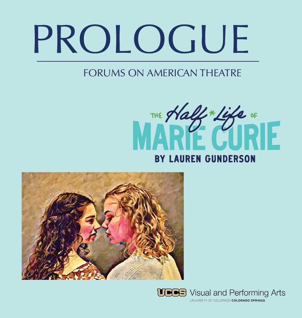 prologue logo with half-life of marie curie wordmark and photo of two women in an intimate gaze