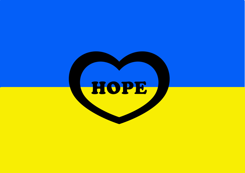 picture of ukraine flag with the word "hope' inside of a heart in the center
