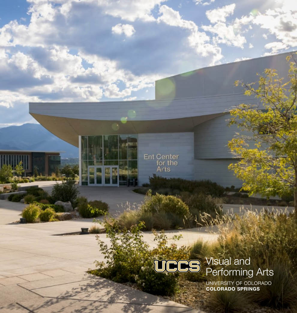 picture ent center for the arts entrance with pikes peak in background and text details of event